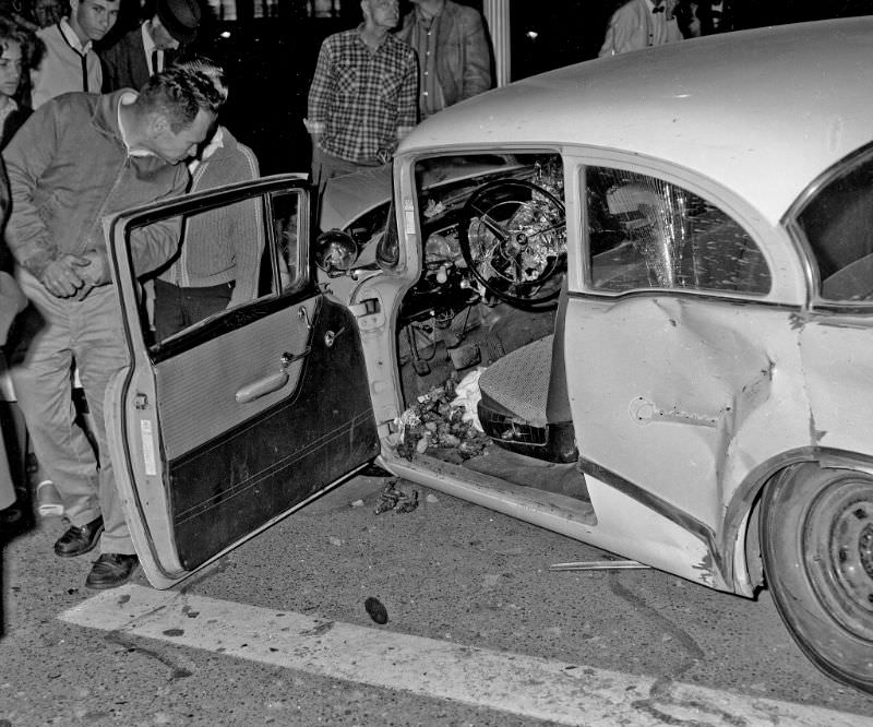 This 1955 Buick Century collided with a 1948 Plymouth at Fresno and R Streets, Fresno, April 2, 1964.