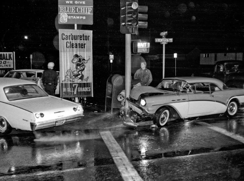 A 1957 Buick, single car accident in 1965 at Ventura and Cedar Ave., Fresno, California