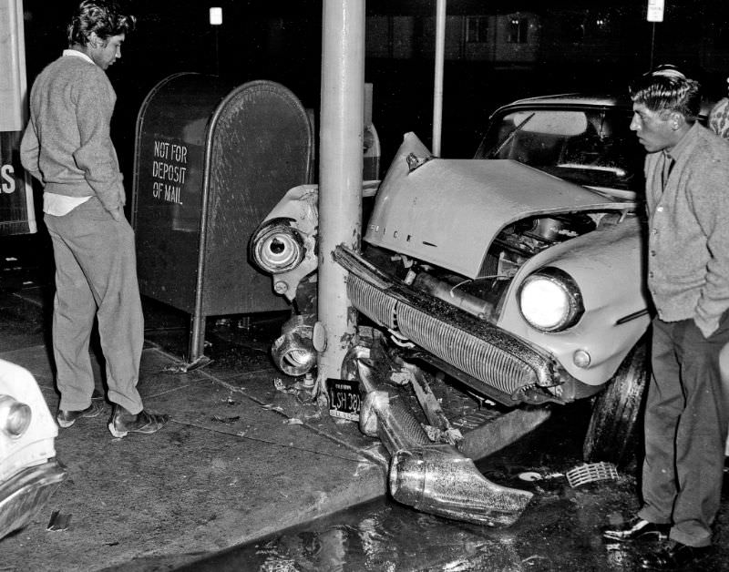 A 1957 Buick, single car accident in 1965 at Ventura and Cedar Ave., Fresno, California