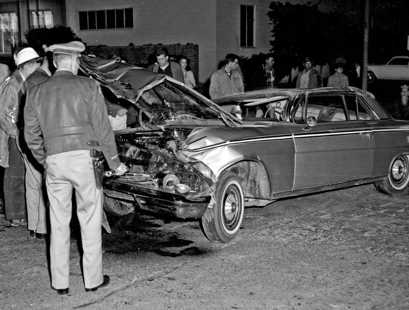 A 1962 Chevrolet Impala, single car roll-over accident in about 1965 in east Fresno, California