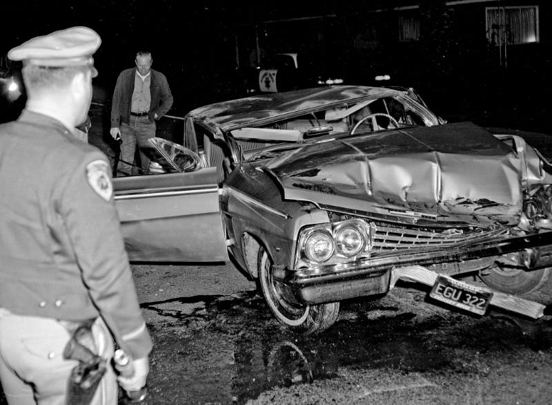 A 1962 Chevrolet Impala, single car roll-over accident in about 1965 in east Fresno, California