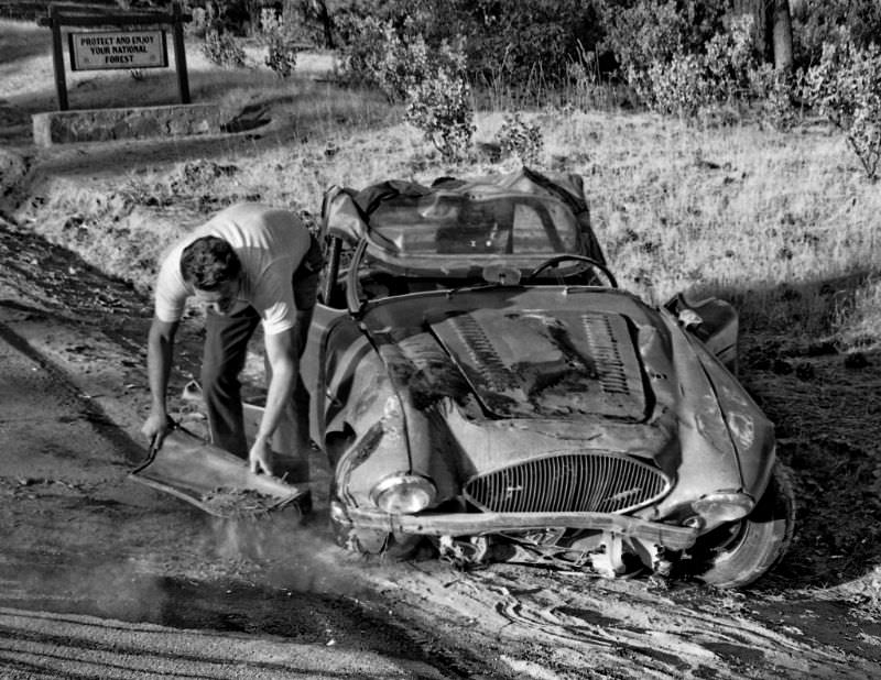 This Austin Healey 100 lost it while trying to keep up with my Triumph TR-4 coming down Fresno County's infamous Tollhouse Grade back in 1966. Thanks to a roll bar and a seatbelt the driver received only minor injuries