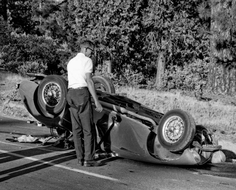 This Austin Healey 100 lost it while trying to keep up with my Triumph TR-4 coming down Fresno County's infamous Tollhouse Grade back in 1966. Thanks to a roll bar and a seatbelt the driver received only minor injuries