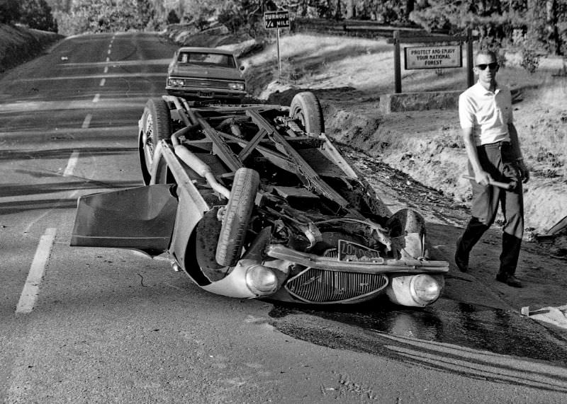 This Austin Healey 100 lost it while trying to keep up with my Triumph TR-4 coming down Fresno County's infamous Tollhouse Grade back in 1966. Thanks to a roll bar and a seatbelt the driver received only minor injuries