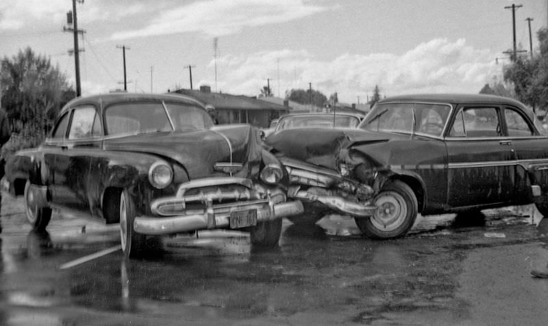 The collision of a couple of old classics, Recreation and Tulare in east Fresno, 1961