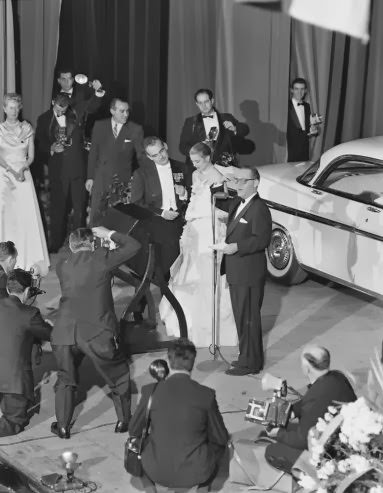 Grace Kelly and Prince Rainier arrive at the Waldorf-Astoria Hotel in New York, the day after announcing their engagement, January 1956