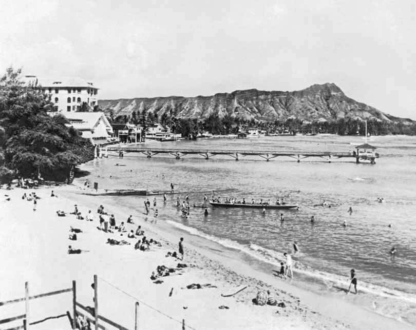 Waikiki beach on Oahu, with Diamond Head in the background, 1925.