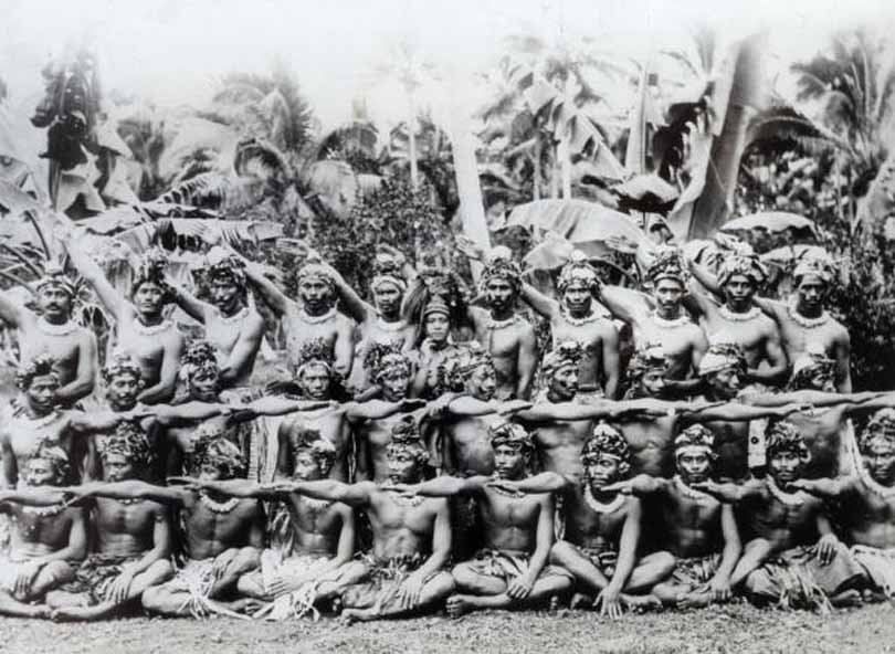 A group of male Hula dancers, 1900.