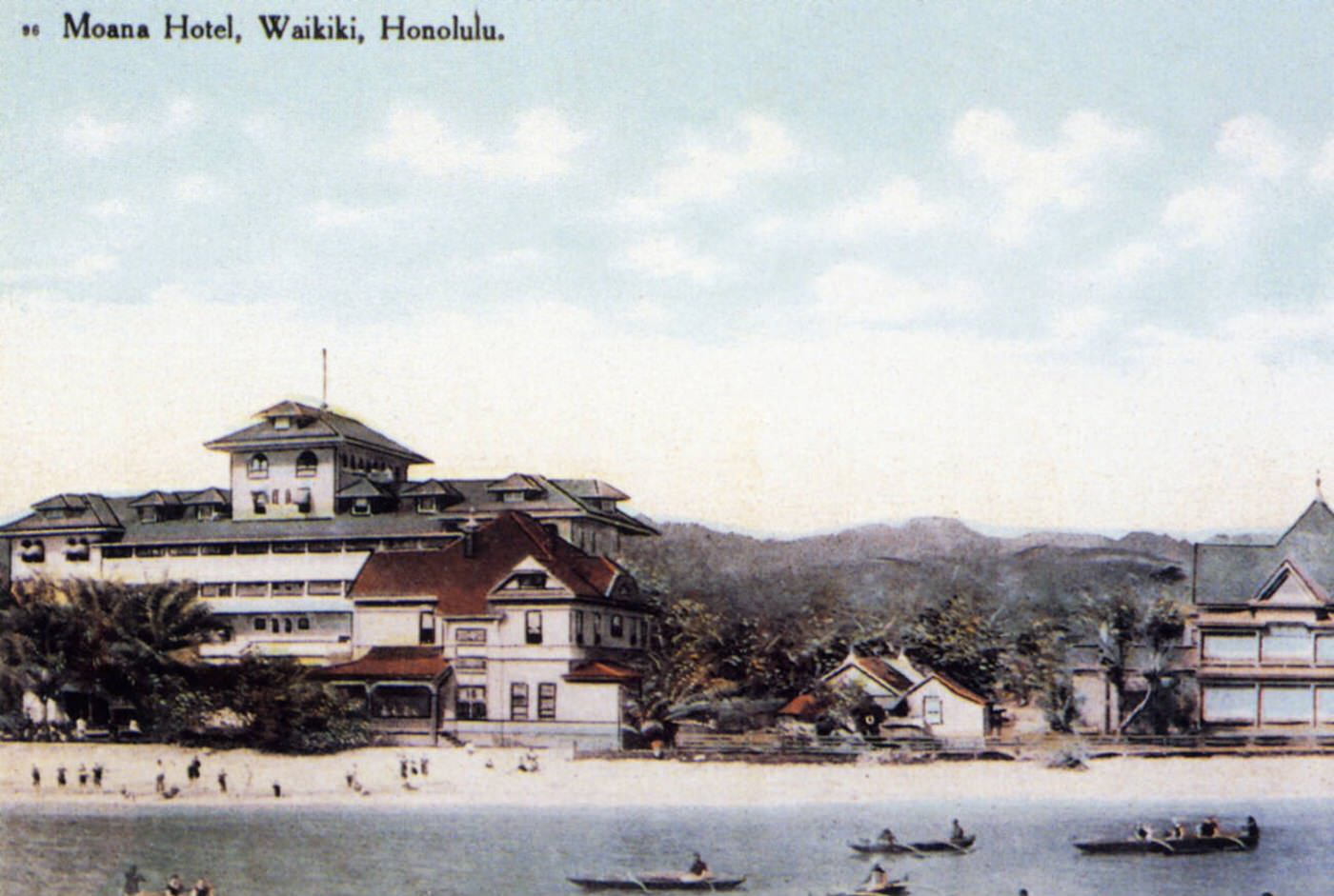 Waikiki Beach and Moana Hotel, Honolulu, Oahu, Hawaii, 1904.