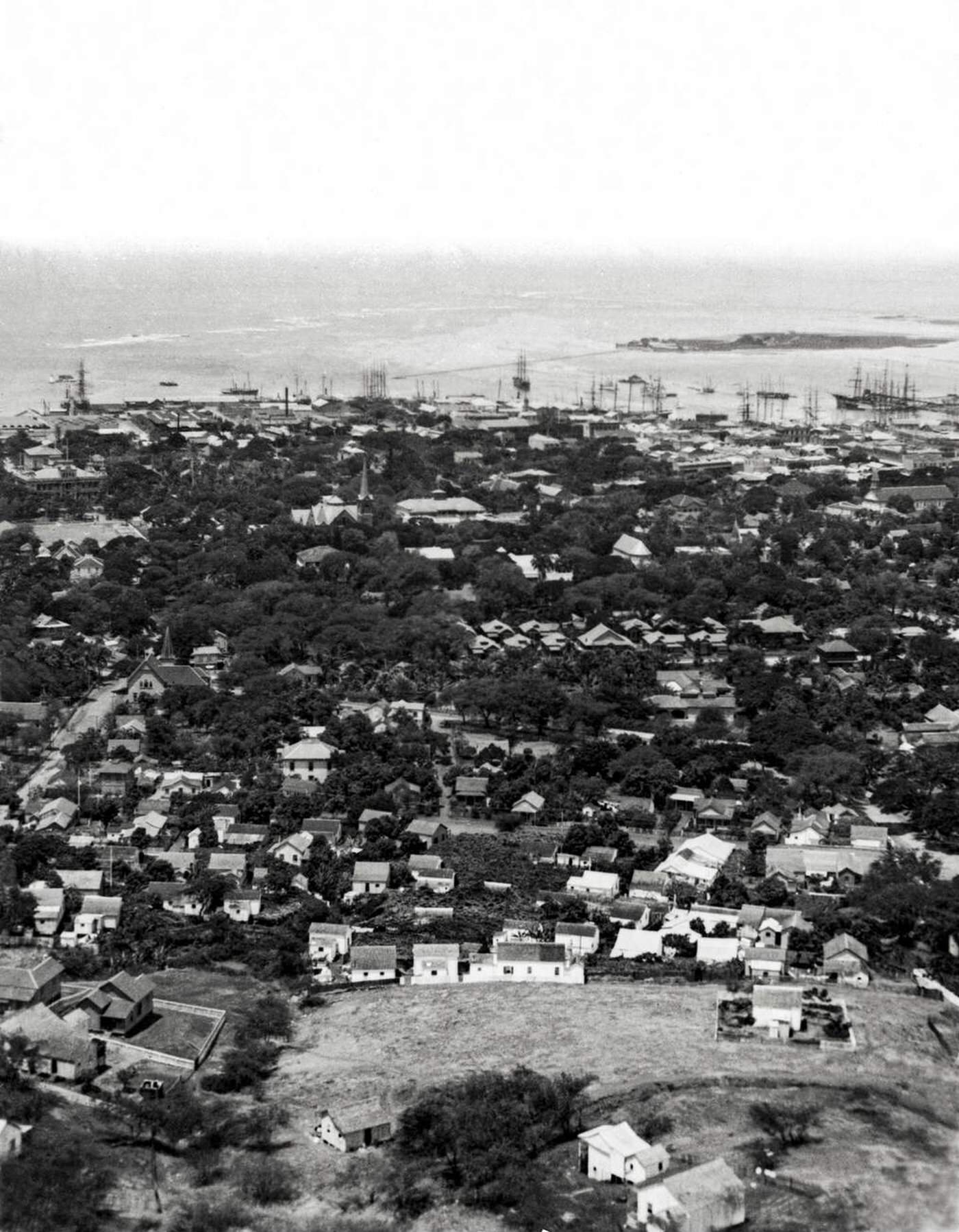 Overlooking Pacific Heights and the city of Honolulu from Punch Bowl mountain in Oahu, Hawaii, 1900.