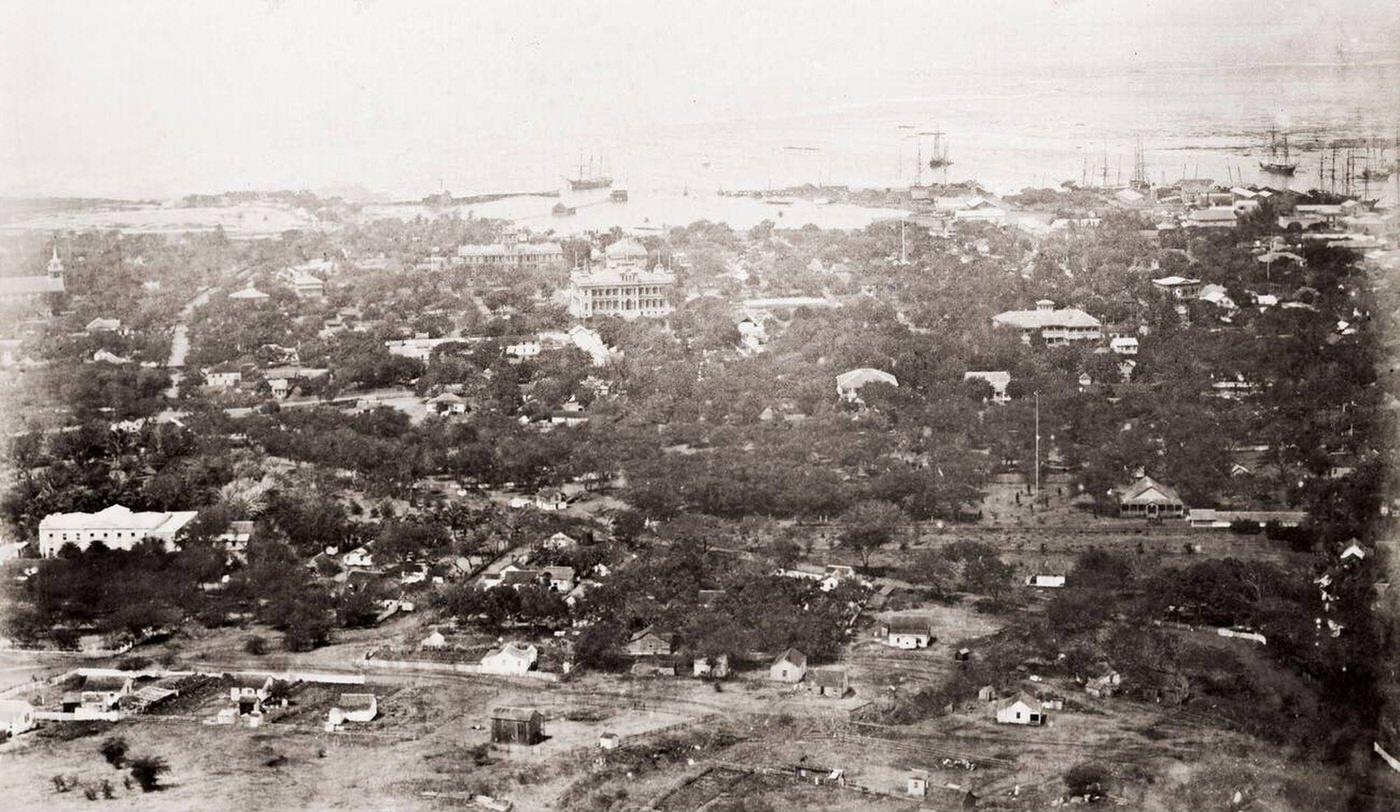 View of Honolulu from the Punch Bowl, Hawaii, Hawaiian Islands, 1890s.