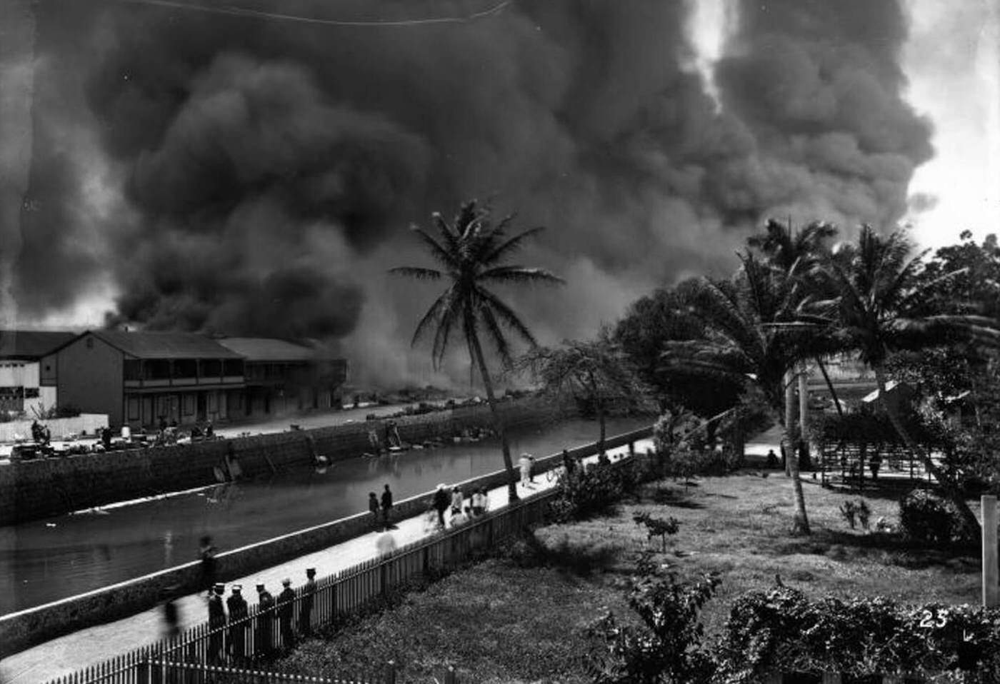 The aftermath of the devastating Chinatown fire of 1900 in Honolulu, Hawaii.
