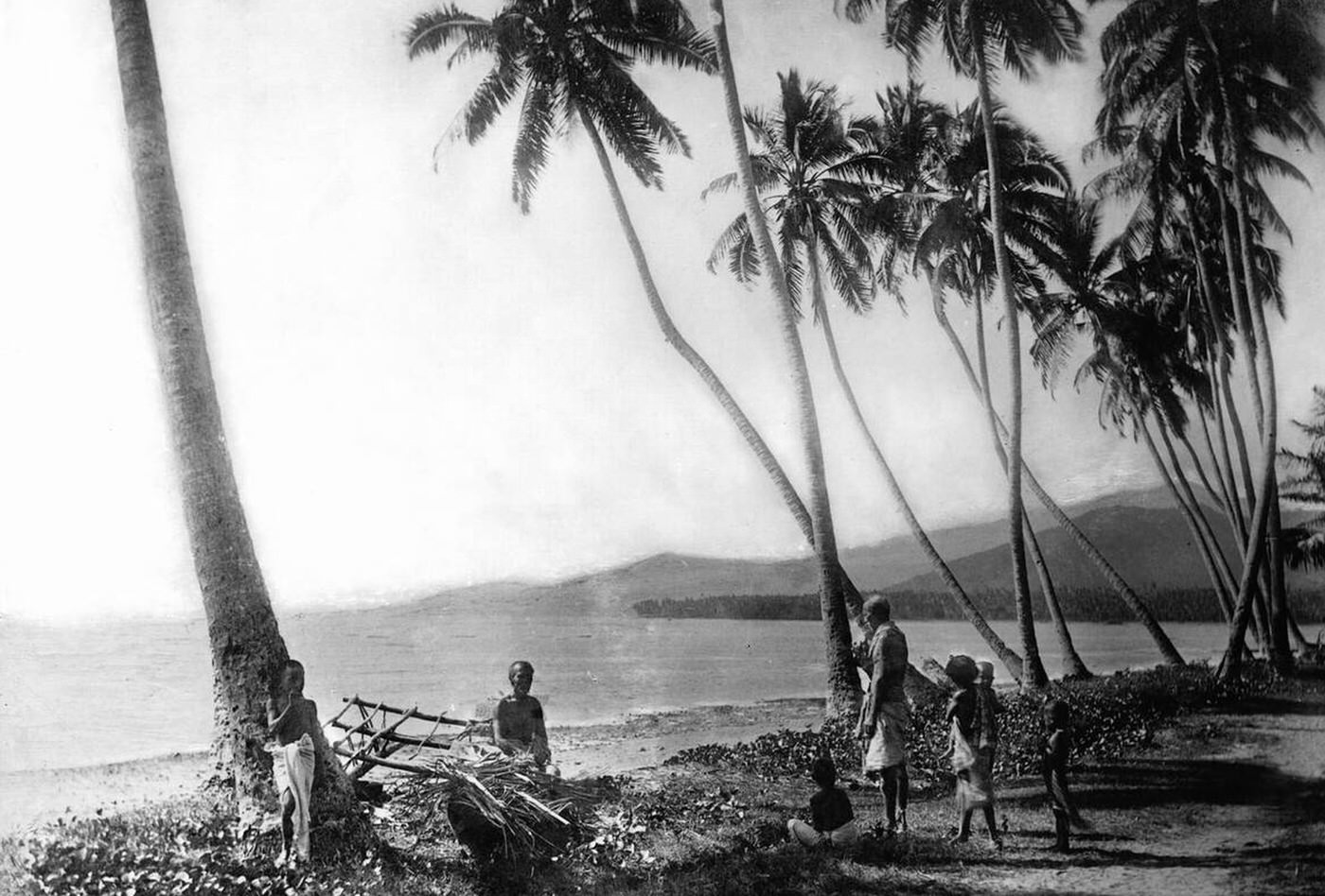 A Native Hawaiian family on a beach near coconut palm trees, 1907.