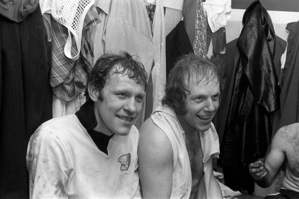 Leeds United celebrating victory in the dressing room, 1972.