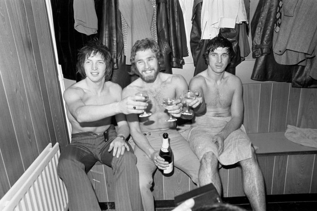 Walton and Hersham celebrating in their dressing room, 1973.