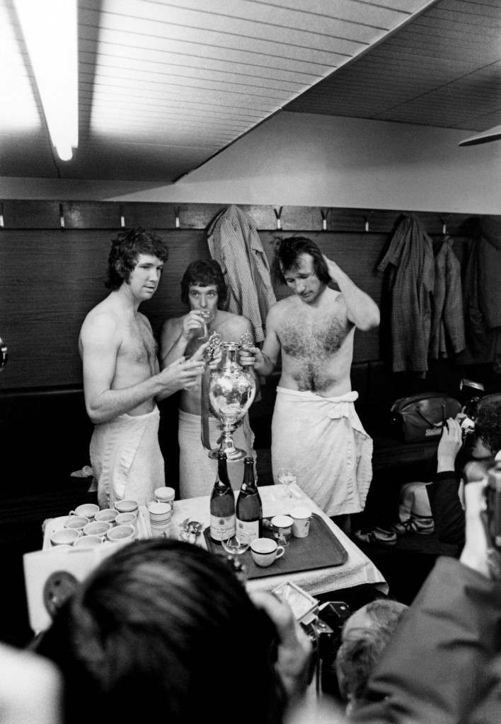 Liverpool's Steve Heighway and Phil Boersma celebrating with the trophy, 1973.