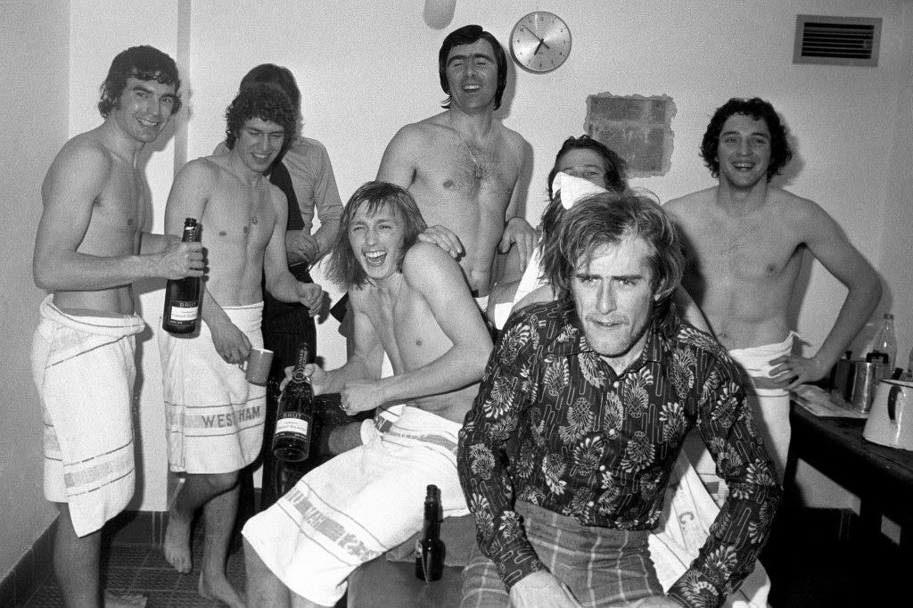 West Ham United's Alan Taylor celebrating with a pint of milk, 1975.