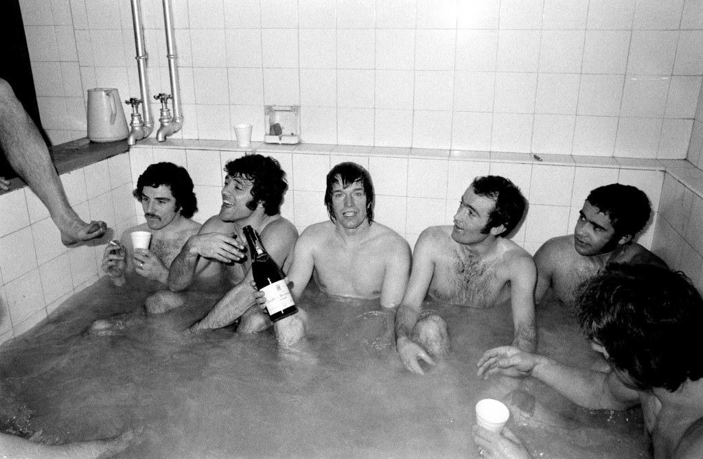 Manchester City's Dennis Tueart celebrating victory, 1976.
