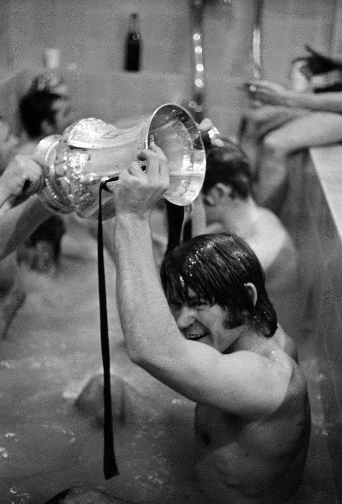 Everton's Brian Labone and Alan Ball toasting their Football League Championship victory, 1970.