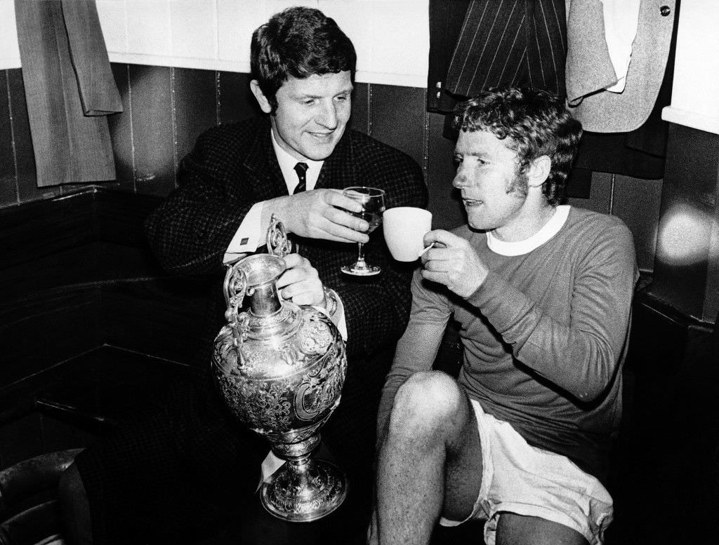 Colchester United's Ray Crawford and Dave Simmons celebrating victory, 1971.