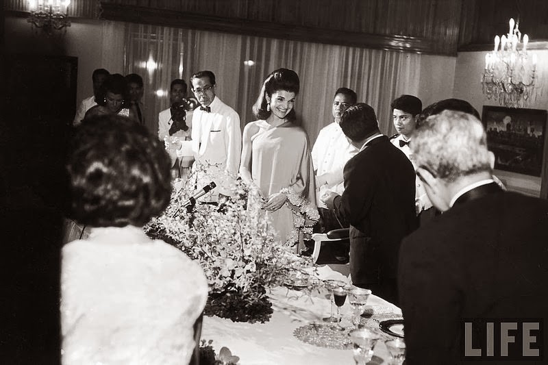 Jackie Kennedy being entertained by Prince Norodon Sihanouk and his wife. 1967