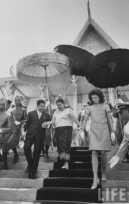 Jackie Kennedy visiting with Prince Norodom Sihanouk and the Queen Mother. Nov 1967