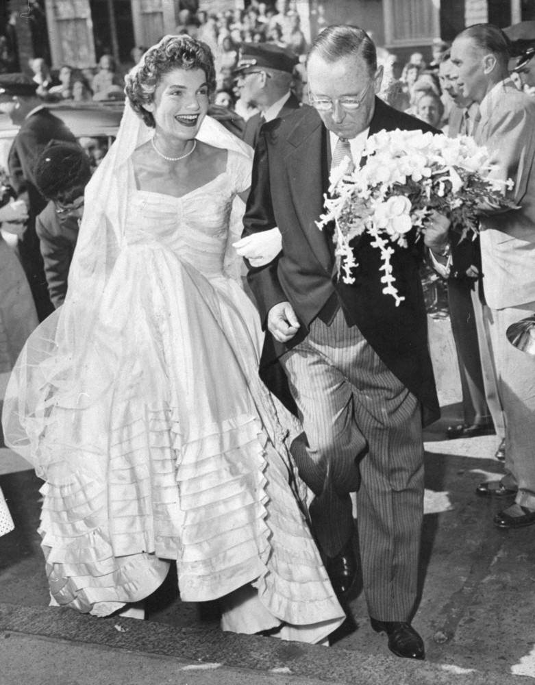Jacqueline Bouvier arrives at St. Mary's Church in Newport, Rhode Island, for her wedding, 1953.
