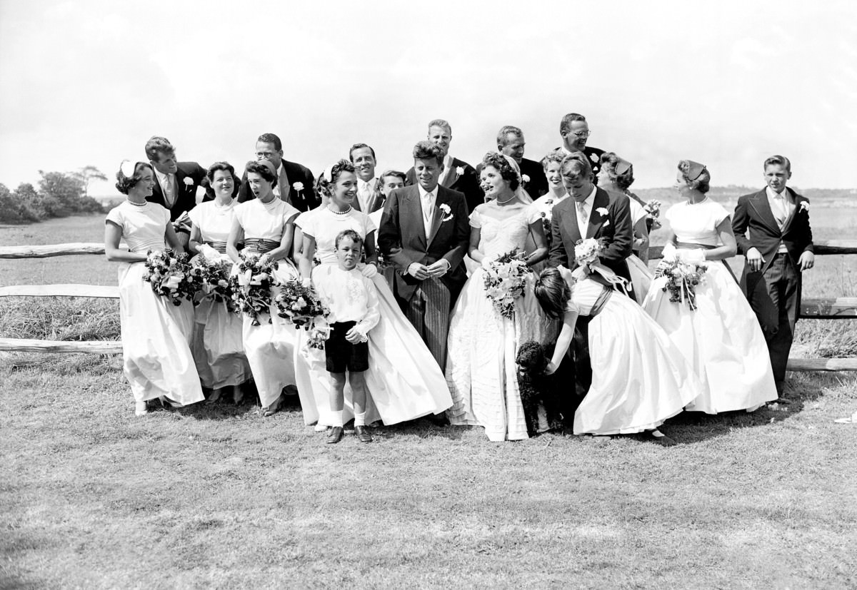 John F. Kennedy and Jacqueline Lee Bouvier with their wedding party, 1953.