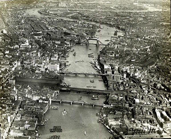 Pool of London & Tower Bridge with Docks beyond