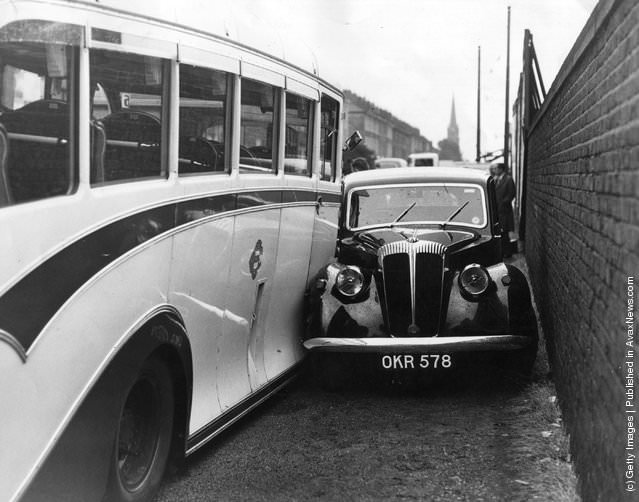 A triple crash involving a car, coach, and bus in Islington, injuring several people, 1952.