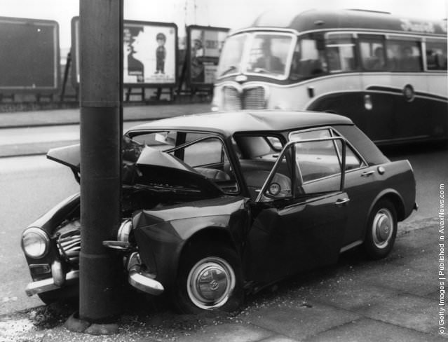 A crashed car in Stratford, east London, 1963.
