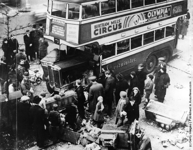 A bus crashed into the Hyde Park Hotel in London after swerving to avoid a car, 1934.