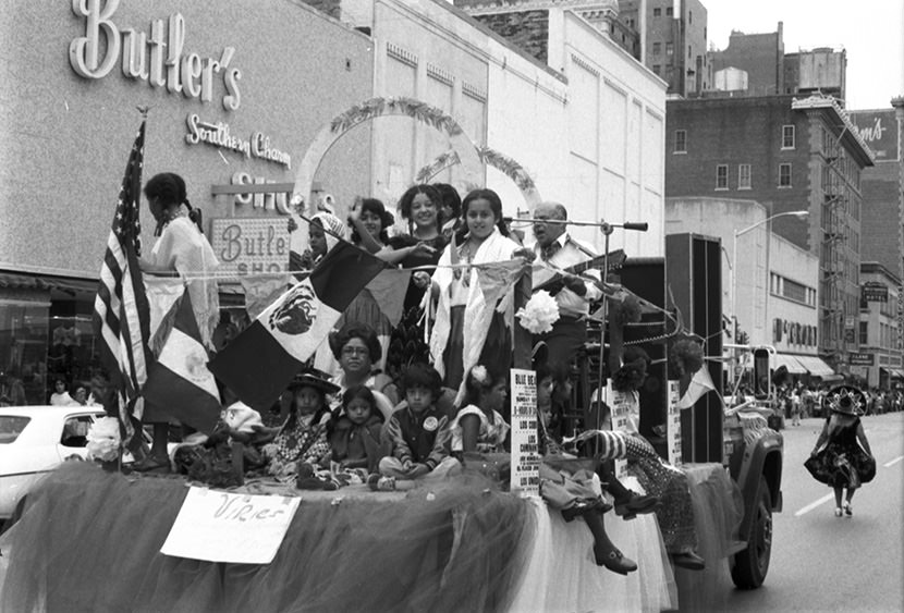A Mexican Independence Day parade float in downtown Fort Worth, Texas, 1975.