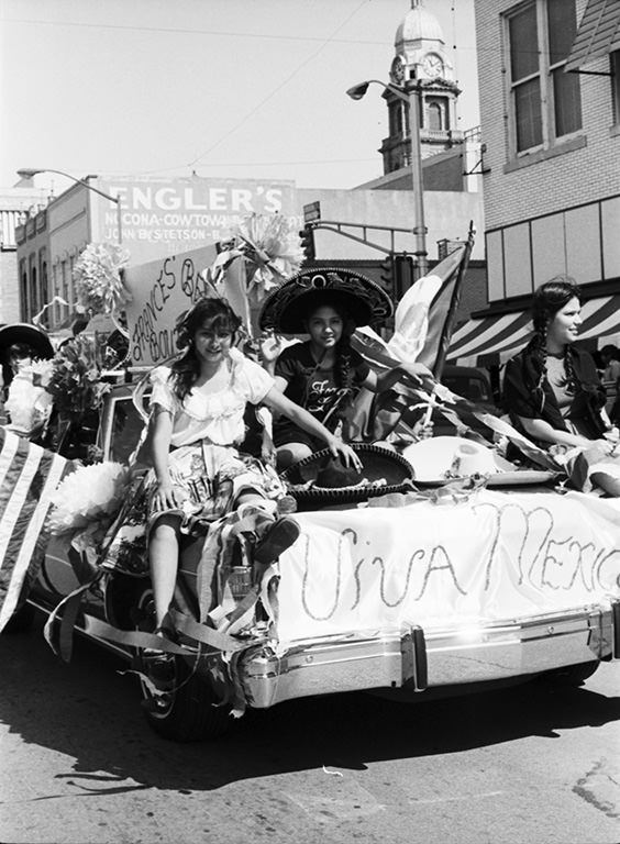 A Mexican Independence Day fiesta parade float in downtown Fort Worth, Texas, 1976.