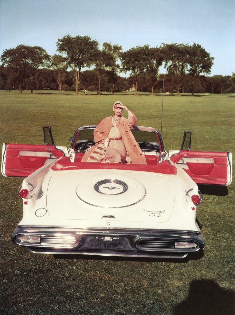 Anne St. Marie and 1957-58 Chrysler Imperial convertible, photo by John Rawlings, Vogue, November 1957