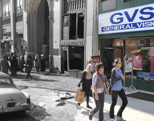 The aftermath of a massive gas explosion that blew out the windows of the building on 66 Court St. on January 31st, 1961.