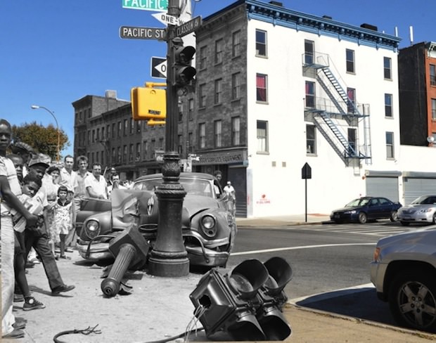 A stolen car is shown crashed into the light pole at the corner of Classon Ave. and Pacific St. on July 28, 1957.