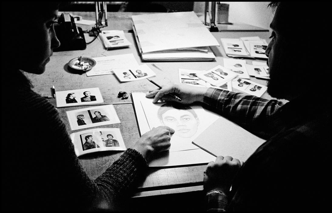 Policeman artist paints a portrait of the suspect, 1979.