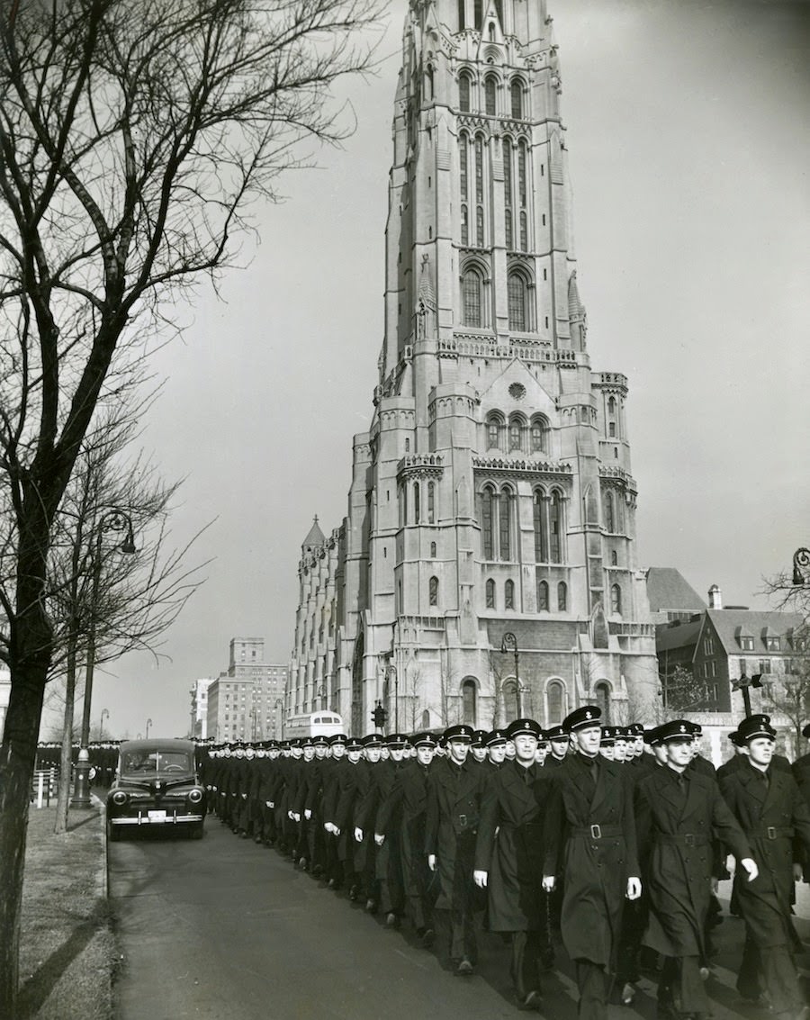 Apprentice seamen pass Grant's Tomb, 1940s.