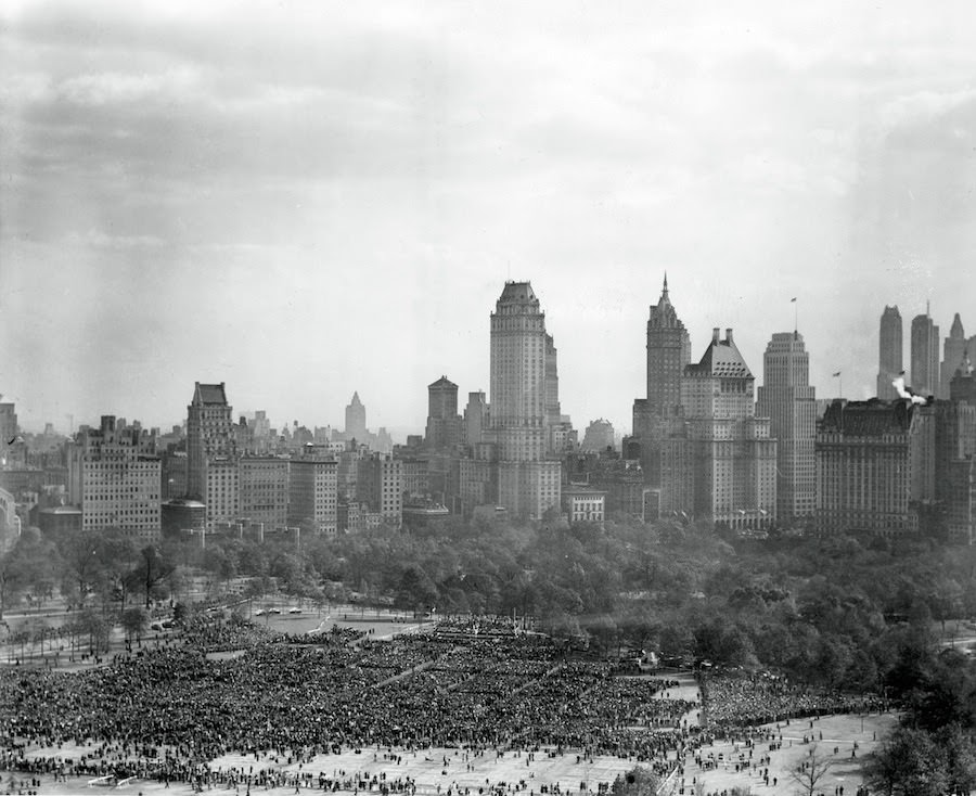Following the end of World War II, President Truman spoke to a crowd of 50,000 at Sheep Meadow in Central Park.