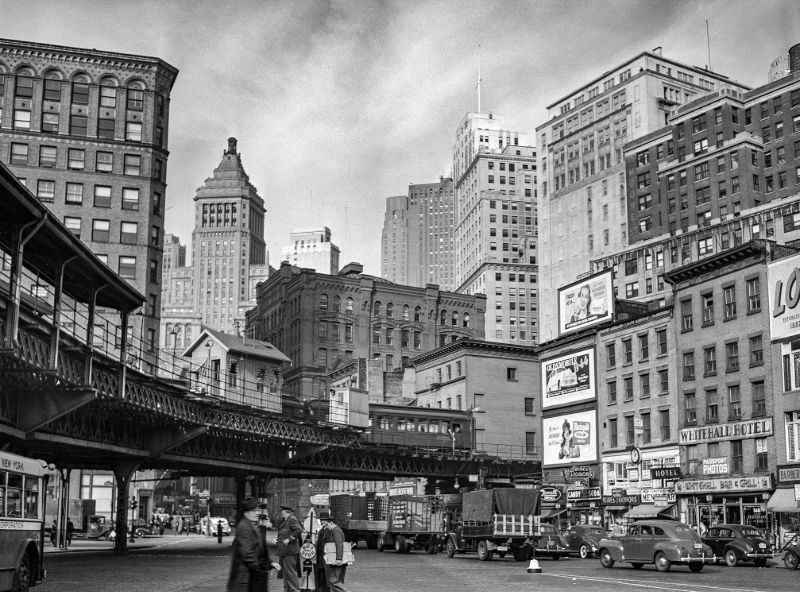 Elevated train structure and buildings, Lower Manhattan, New York, 1941.