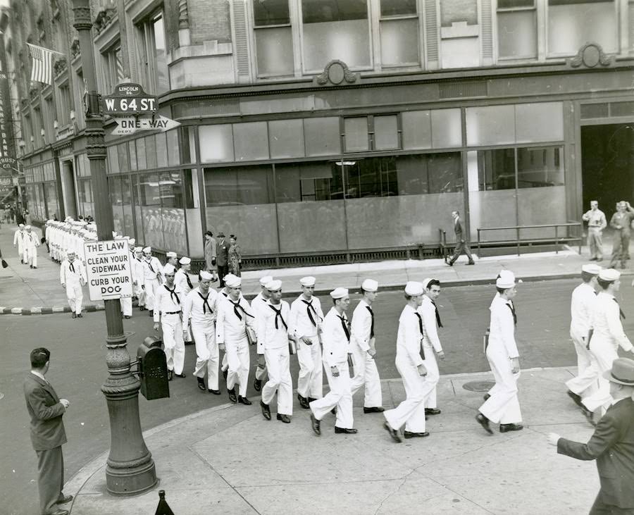Coast Guard pharmacists march on 64th Street, 1943.