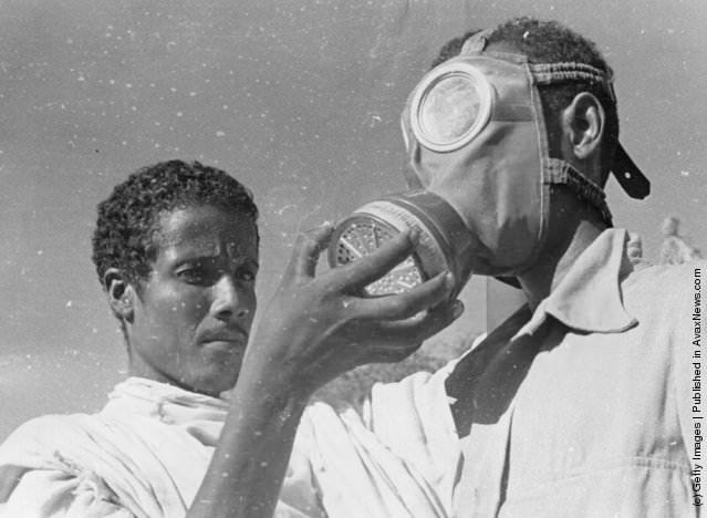 An Abyssinian soldier wearing a gas mask during training in Addis Ababa, 1935.