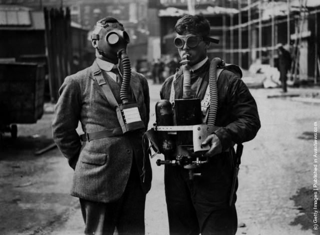 A gas mask and diving mask demonstrated at the Engineering & Machinery Exhibition, London, 1929.