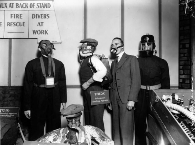 A selection of breathing apparatus at the Shipping and Engineering Exhibition, London, 1930.