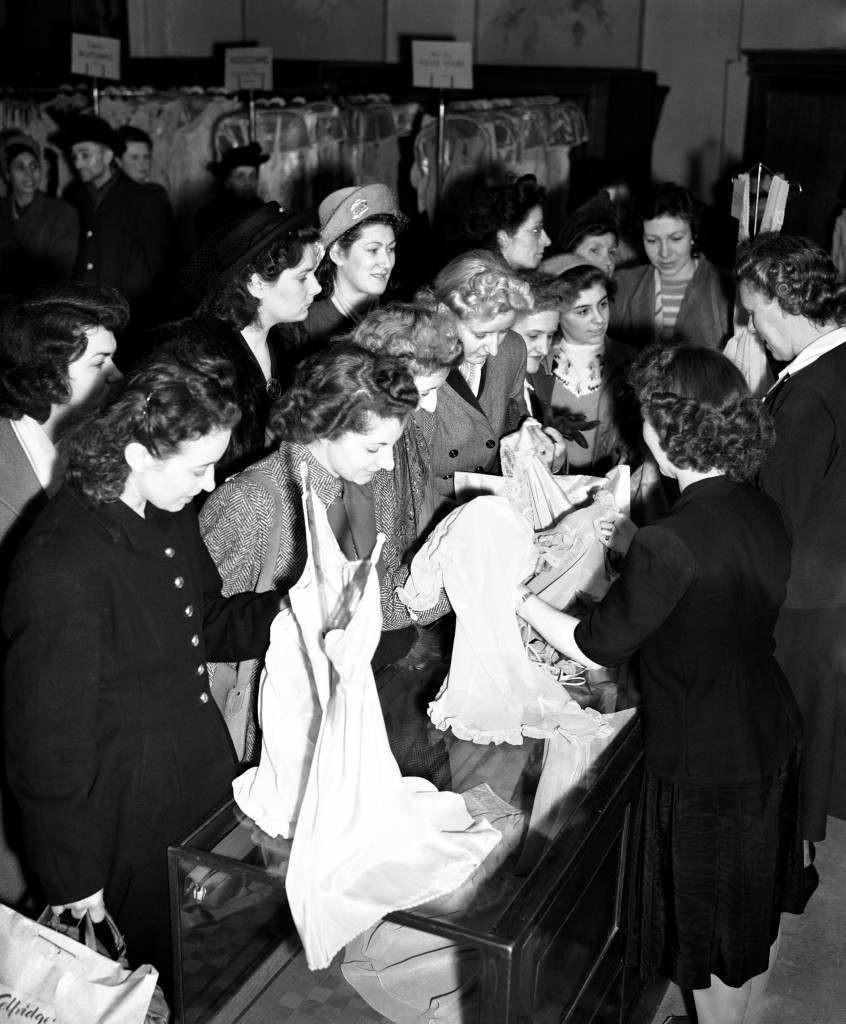 Selfridges on the day that clothes were taken off the rationing list, 1949.