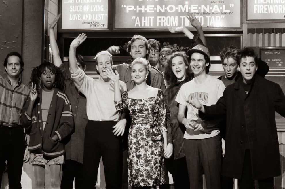 Taking her final bows during the closing credits with SNL cast members: (L-R) Jon Lovitz, Danitra Vance, Nora Dunn, Terry Sweeney, Randy Quaid, Joan Cusack, Dennis Miller, Anthony Michael Hall, and Robert Downey Jr.