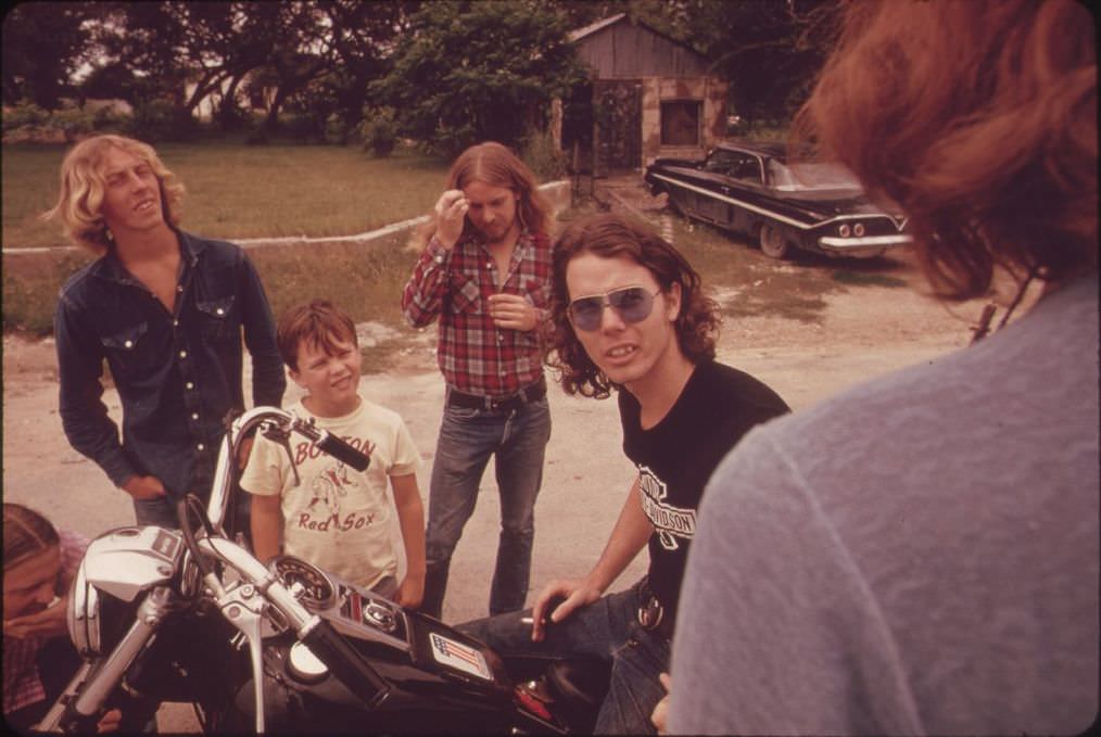 A motorcyclist in Leakey, Texas, 1973.