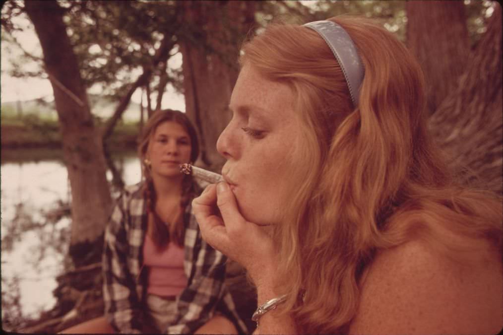 Teenage girls smoking marijuana near Leakey, Texas, 1973.