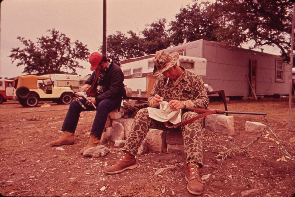 Larry Roming and Frank Stumbaugh at a hunter's permanent camp, 1972.